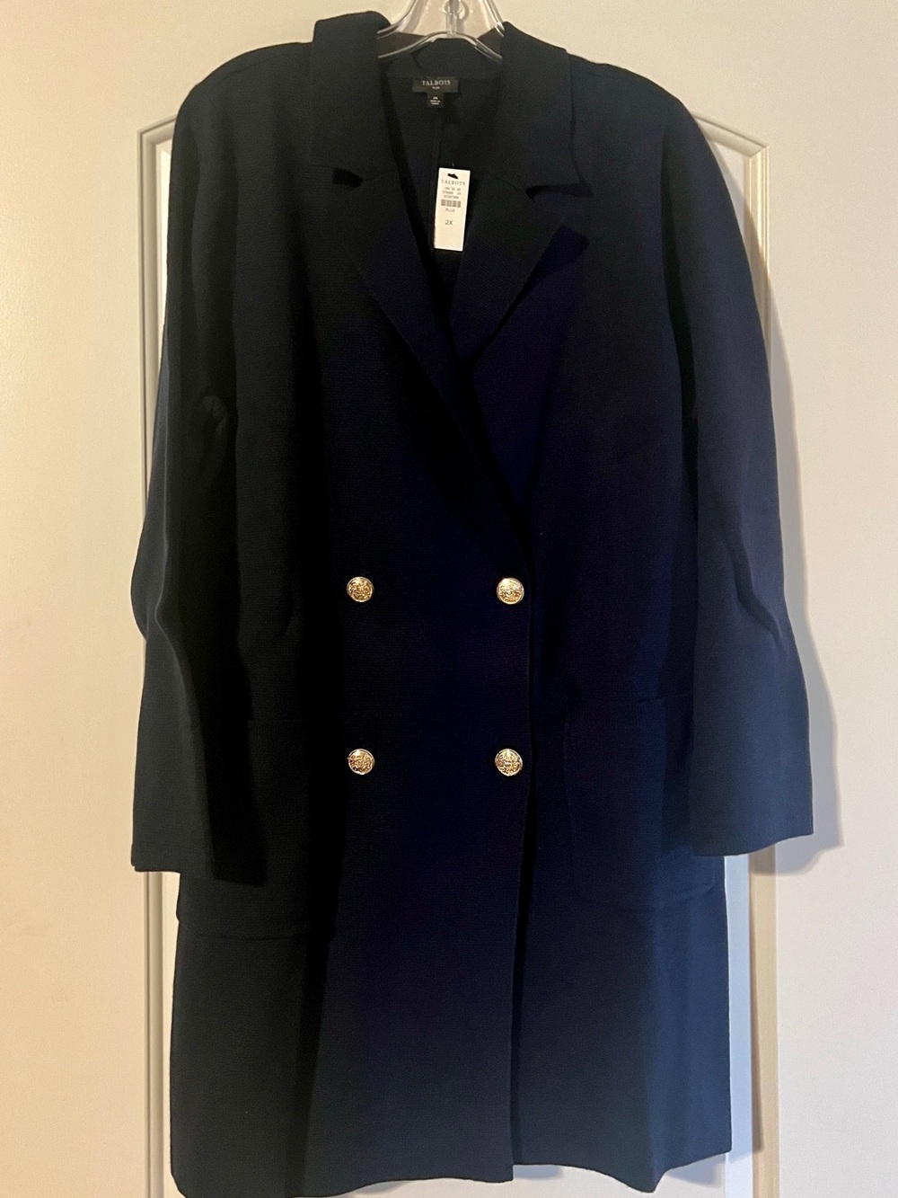 Talbots Navy Double-Breasted Sweater Coat with Gold Buttons